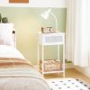 End Table, Bamboo Side Table with Drawer, Rattan Nightstand for Small Space, Tall Bedside Table, Phone Table Easy to Assemble, for Bedroom, Living Room, Study Room, White WT109BZ01