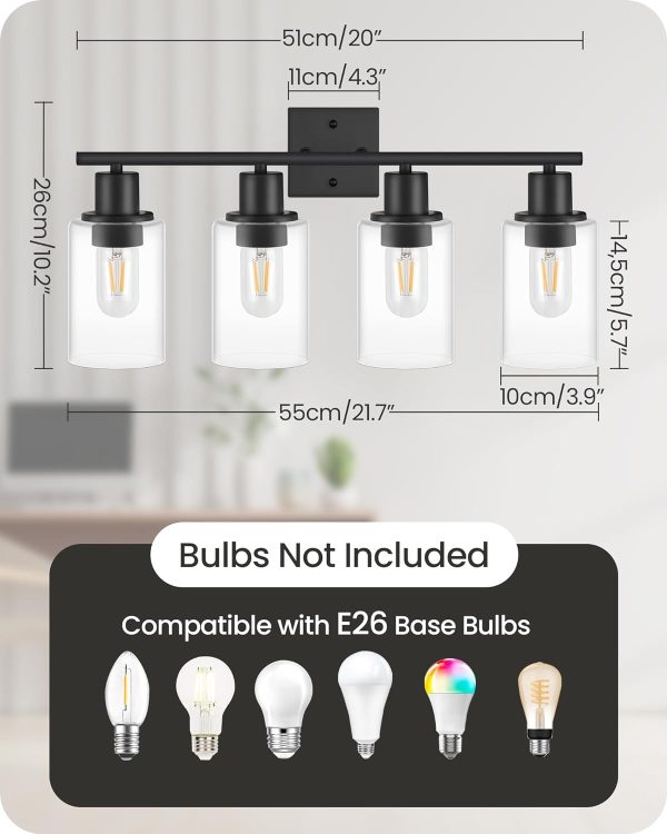 71QdmohtszL._AC_SL1500 4-Light Black Bathroom Light Fixture, Vanity Light Over Mirror with Clear Glass Shade, Modern Sconce Wall Lighting with Metal Base, for Mirror Bedroom Powder Room Hallway, Black B04BD05