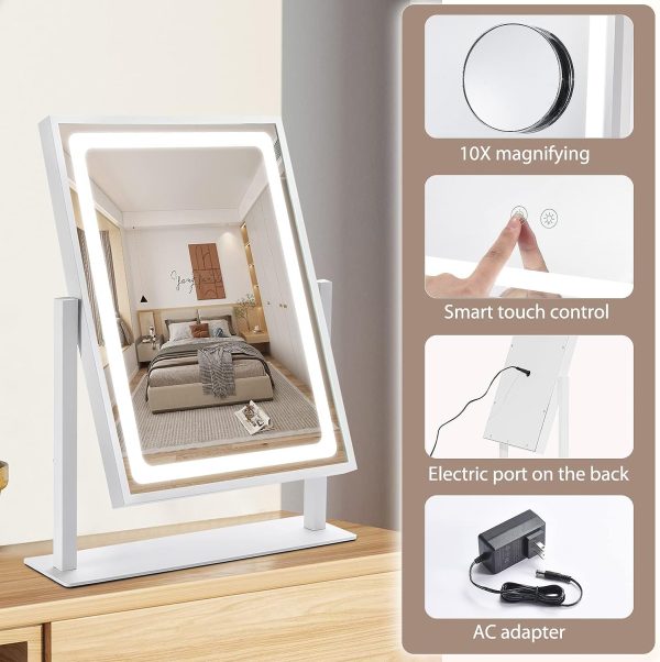 Vanity Mirror with Lights, Hollywood Makeup Mirror with Lights, Touch Control, 3 Color Lighting Modes, Dimmable, Detachable 10X Magnification Mirror, 360° Rotation (16in, White)