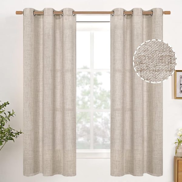 Natural Linen Curtains 63 Inch Length 2 Panels Bronze Grommet Linen Textured Short Window Drapes Light Filtering for Living Room Bedroom, 52 X 63 Inch