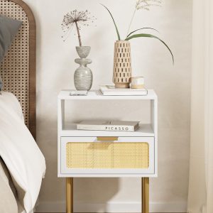 71RoACcpDFL._AC_SL1500 Rattan Nightstand, Drawer Dresser for Bedroom, Small Side Table with Drawer, Bedside Furniture, Night Stand, End Table with Gold Frame for Bedroom, Living Room, White
