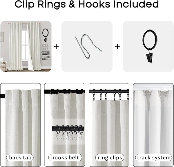 108 Inch Long Blackout Curtains & Drapes for Track System Pleated with Hooks Rings 2 Panels Set,Linen Black Out Back Tab 9FT Ceiling to Floor Length Curtains for Living Room,Cream Ivory