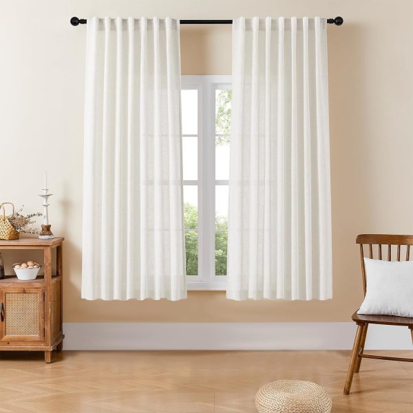 71Rx33eBrRL._AC_SL1500 Linen Curtains for Living Room,Semi-Sheer Curtains 90 Inches Long,Living Room Curtains 2 Panel Sets,White Curtains Pinch Pleated Curtains & Drapes(W52 x L90 Inch, Off-White)