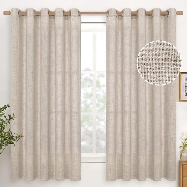 Natural Linen Curtains 63 Inch Length 2 Panels Bronze Grommet Linen Textured Short Window Drapes Light Filtering for Living Room Bedroom, 52 X 63 Inch