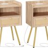Nightstand with Charging Station, Side Table with Rattan-Like Decor Drawer, Rattan End Table with Open Storage, Bedside Table for Bedroom, Study Room, Black BB92UBZ01