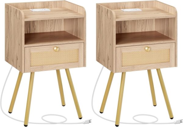 Nightstand with Charging Station, Side Table with Rattan-Like Decor Drawer, Rattan End Table with Open Storage, Bedside Table for Bedroom, Study Room, Black BB92UBZ01