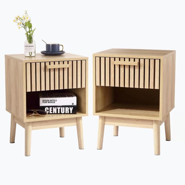 Boho Nightstand, Small Side Table Night Stand with Drawer Open Shelf, Bedside End Table with Wood Strip Decorated Drawer for Bedroom, Living Room, Dorm and Small Spaces (Natural)