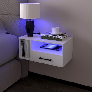 Floating Nightstand with Charging Station and LED Lights, Floating Bedside Table with Drawers Wall Mounted Nightstands,for Bedroom Room, 21.3" x 11.8" x 10",White