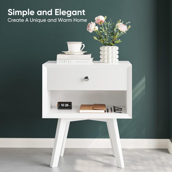 71U3Tw2q4SL._AC_SL1500 White Night Stand, Mid Century Modern Wood Nightstand with One Drawer, Bedside Table with Open Storage Shelf and Solid Wood Legs, Bed Side Table for Bedroom, End Tables for Living Room