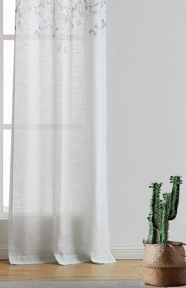 Gray Tan Leaf Floral Print Metallic Sheer Curtain Panels for Autumn Fall Rustic Living Room Bedroom Sparkling Decorative Grommet Top Window Treatment Farmhouse Drape, 40"x84"x2