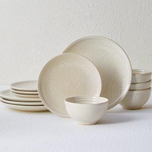 71UIzKbMxTL._AC_SL1500 Dinnerware Sets, Beige Relief Plates and Bowls Sets, 12 Pieces Stoneware Dinnerware Set Service for 4, Vintage Look Dish Set Clearance, Handmade Highly Chip and Crack Resistant Dishes