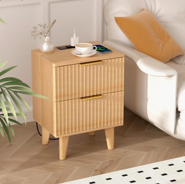 Wooden Nightstand with 2 Drawers, Small Bedside Table with Storage, Mid Century Modern End Side Table with Wood Fluted Drawers for Bedroom, Living Room（Natural）