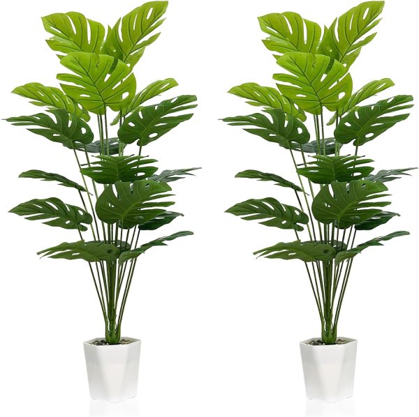 Set of 2 Artificial Monstera Deliciosa Plants in Pots, Fake Tropical Palm Tree with Greenery Leaves Stems, 28 Inch Artificial Cheese Plant for Home Bathroom, Office, Windowsill Decor
