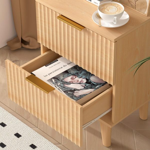 Wooden Nightstand with 2 Drawers, Small Bedside Table with Storage, Mid Century Modern End Side Table with Wood Fluted Drawers for Bedroom, Living Room（Natural）