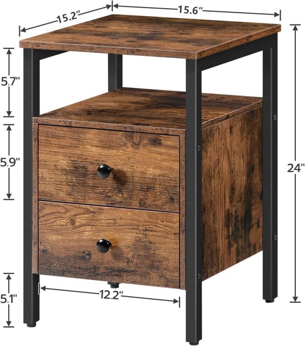 Nightstand, Bedside Table with 2 Drawers and Storage Shelves, Side End Table, Sofa Table for Living Room, Bedroom, Accent Furniture, Easy Assembly, Rustic Brown and Black BF43BZ01G2