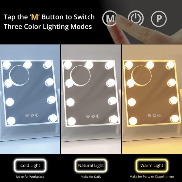 71XV2qxZsyL._AC_SL1500 Lighted Vanity Makeup Mirror with Lights Hollywood Cosmetic Mirror with 9 Dimmable LED Bulbs for Dressing Room Tabletop, 3 Color Lighting, Detachable 10X Magnification Mirror, White