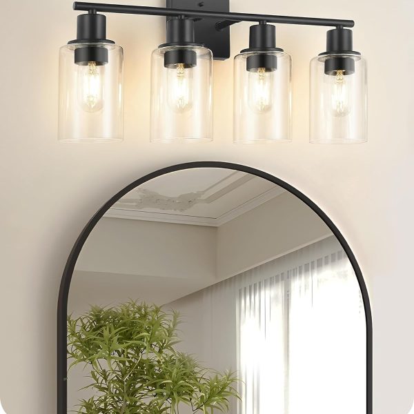 71XW2xMQZoL._AC_SL1500 4-Light Black Bathroom Light Fixture, Vanity Light Over Mirror with Clear Glass Shade, Modern Sconce Wall Lighting with Metal Base, for Mirror Bedroom Powder Room Hallway, Black B04BD05