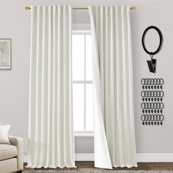 108 Inch Long Blackout Curtains & Drapes for Track System Pleated with Hooks Rings 2 Panels Set,Linen Black Out Back Tab 9FT Ceiling to Floor Length Curtains for Living Room,Cream Ivory