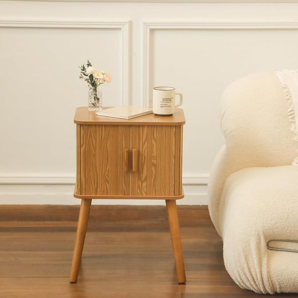 71YwkhP4IXL._AC_SL1500 Mid Century Modern Nightstand, Bedside Table with Sliding Fluted Doors, End Tables Living Room with 2-Tier Storage Cabinet and Solid Wood Legs for Bedroom and Small Space, Brown