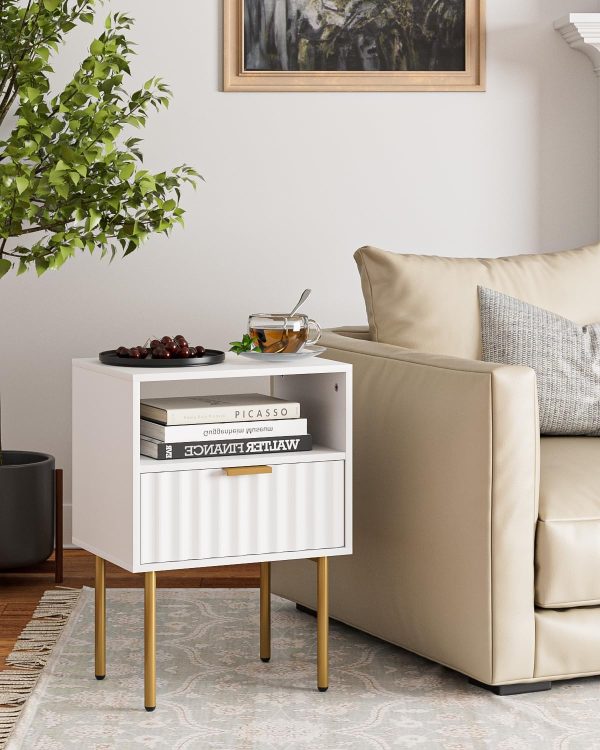 71Yzk4wsOiL._AC_SL1500 Nightstand,Fluted Bedside Table with Gold Frame,White Nightstand,Bedside Furniture, Modern Side Table with Drawer and Shelf for Bedroom,Living Room