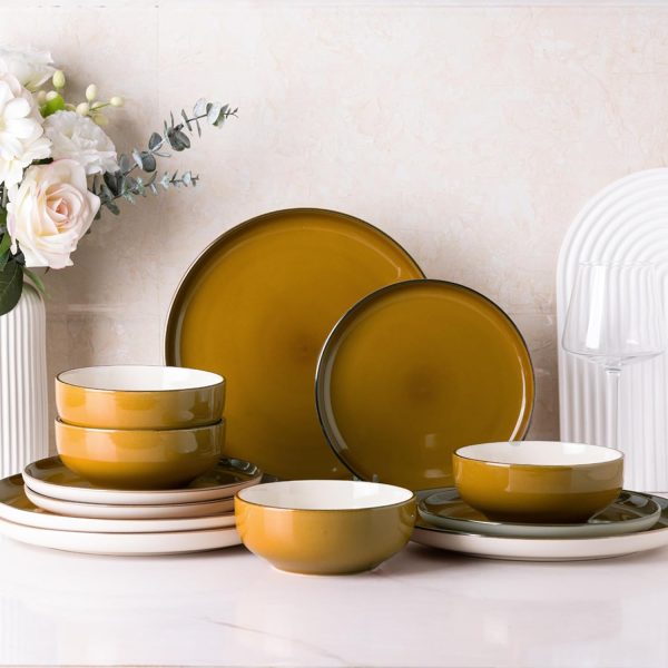 Ceramic Dinnerware Sets, 12 Pieces Amber Yellow Stoneware Dinnerware Set, Plates and Bowls Sets, Dishwasher & Microwave Safe | Service for 4