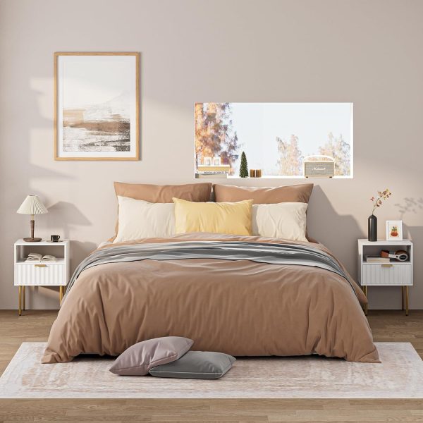 71_sdoM-peL._AC_SL1500 Nightstand,Fluted Bedside Table with Gold Frame,White Nightstand,Bedside Furniture, Modern Side Table with Drawer and Shelf for Bedroom,Living Room