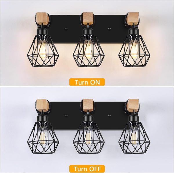 3-Light Farmhouse Bathroom Vanity Light Fixtures, Wood Bathroom Lighting Over Mirror, Black Vanity Lights with Metal Lampshade, Vintage Wall Light Fixtures for Bedroom, Living Room, Hallway