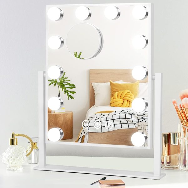 71bC5yz553L._AC_SL1500 Lighted Vanity Makeup Mirror with Lights Hollywood Cosmetic Mirror with 9 Dimmable LED Bulbs for Dressing Room Tabletop, 3 Color Lighting, Detachable 10X Magnification Mirror, White