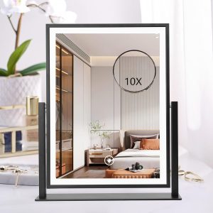 71bek6Aap9L._AC_SL1500 Lighted Vanity Mirror Fashion Makeup Mirror 12in Black for Desktop with Detachable,10x Magnifying,360° Rotation,Adjustable Warm White/Natural/Daylight Dimmable Light Memory,Birthday Gift for Woman