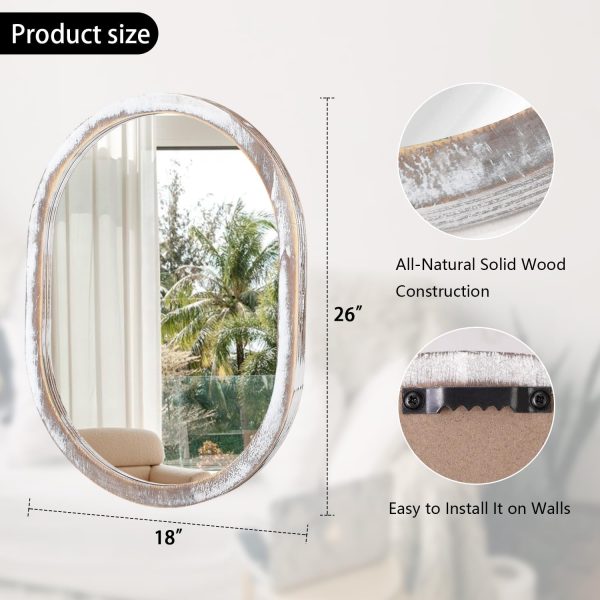 Large Oval Wood Mirror 26 x 18 Inch, Wall Framed Bathroom Mirror for Vanity Farmhouse Rustic White Mirror for Vanity Living Room Entryway Bedroom