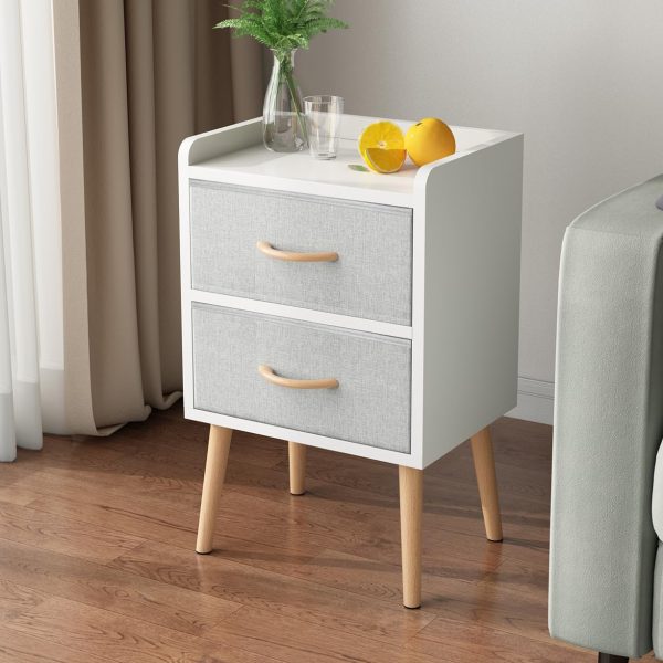 NightStand with Fabric Drawer, Bedside Table with Solid Wood Legs, Minimalist and Practical End Side Table with Open Storage Shelf for Bedroom, White.