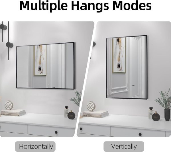 71d4yyY0JcL._AC_SL1500 Black Bathroom Vanity Mirror for Wall, 16X24 Inch Aluminum Framed Wall Mirror Rectangle, Modern Square Corner Bathroom Vanity Mirror for Bedroom, Living Room, Hangs Horizontally or Vertically