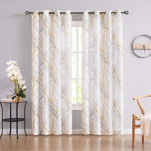 71diCO7hRuL._AC_SL1200 Tree Print Yellow Grey and White Curtains for Living Room Windows - Linen Textured Grommet Branches Pattern Window Treatment Set for Bedroom - 50" W x 96" L - (2 Panels)