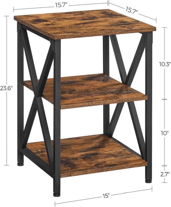 Three-Tier Nightstand with Storage, S-Shaped Steel Frame Coffee Table, Suitable for Living Room and Bedroom, 15.7 x 15.7 x 23.6 inches, Farmhouse Style, Rustic Brown and Black