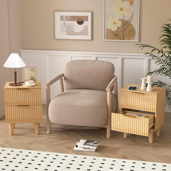 Wooden Nightstand with 2 Drawers, Small Bedside Table with Storage, Mid Century Modern End Side Table with Wood Fluted Drawers for Bedroom, Living Room（Natural）