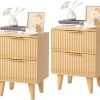 Wooden Nightstand with 2 Drawers, Small Bedside Table with Storage, Mid Century Modern End Side Table with Wood Fluted Drawers for Bedroom, Living Room（Natural）