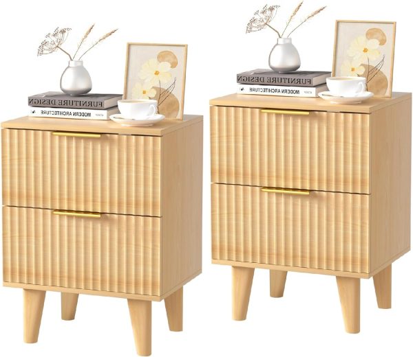 Wooden Nightstand with 2 Drawers, Small Bedside Table with Storage, Mid Century Modern End Side Table with Wood Fluted Drawers for Bedroom, Living Room（Natural）