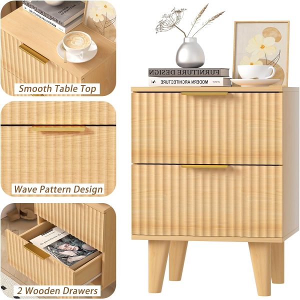 Wooden Nightstand with 2 Drawers, Small Bedside Table with Storage, Mid Century Modern End Side Table with Wood Fluted Drawers for Bedroom, Living Room（Natural）