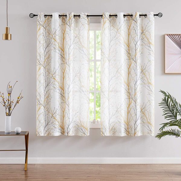 Tree Print Yellow Grey and White Curtains for Living Room Windows - Linen Textured Grommet Branches Pattern Window Treatment Set for Bedroom - 50" W x 96" L - (2 Panels)