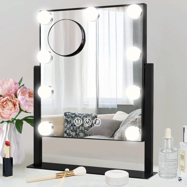 71fnj3POj-L._AC_SL1500 Lighted Vanity Makeup Mirror with Lights Hollywood Cosmetic Mirror with 9 Dimmable LED Bulbs for Dressing Room Tabletop, 3 Color Lighting, Detachable 10X Magnification Mirror, White