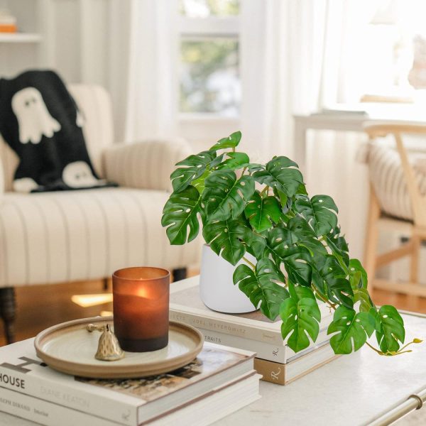 71ftHtaSp8L._AC_SL1500 Fake Plants Indoor 8 Inch Artificial Monstera Leaves in Ceramic Pot - Faux Potted Tropical Palm Plant for Home Aesthetic Decor Living Room Shelf Office