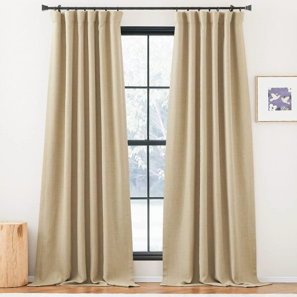 Faux Linen Curtains 90 inches Long for Doorway, Pinch Pleated Thick Room Darkening Window Treatments Noise Reducing Privacy for Living Room/Bedroom, Natural, W34 x L90, 2 Panels