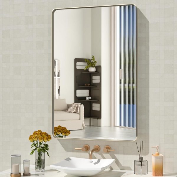 71h09cdnlsL._AC_SL1500 22x30 Inch Bronze Bathroom Mirror for Vanity, Brushed Bronze Metal Frame Mirror for Wall, Rounded Rectangle Bronze Frame Mirror with Tempered Glass, Anti-Rust (Horizontal/Vertical)