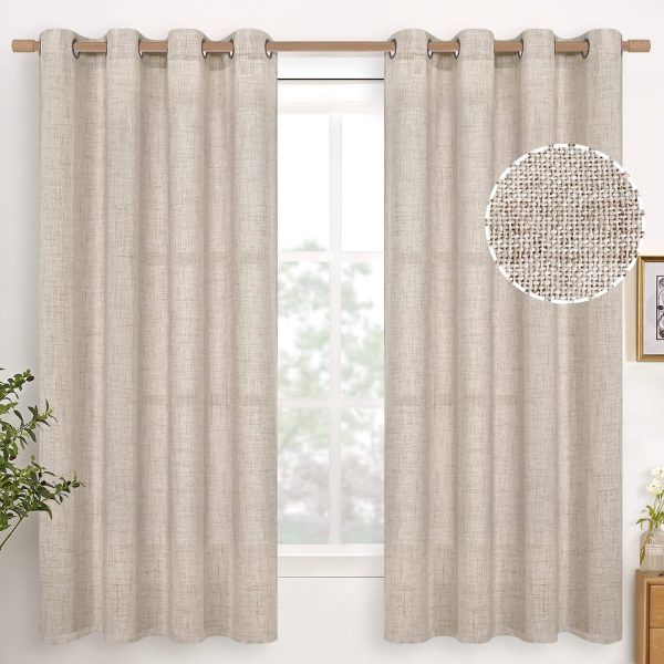 Natural Linen Curtains 63 Inch Length 2 Panels Bronze Grommet Linen Textured Short Window Drapes Light Filtering for Living Room Bedroom, 52 X 63 Inch