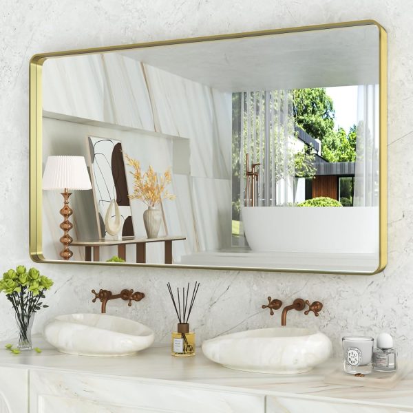 71hUDKc0bhL._AC_SL1500 22x30 Inch Bronze Bathroom Mirror for Vanity, Brushed Bronze Metal Frame Mirror for Wall, Rounded Rectangle Bronze Frame Mirror with Tempered Glass, Anti-Rust (Horizontal/Vertical)