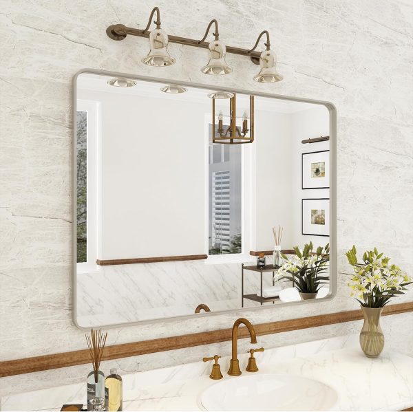 71hjMqWnuVL._AC_SL1500 20x30 Silver Bathroom Mirror, Silver Wall Mirror for Vanity, Brushed Metal Framed Rectangle Mirror, Anti-Rust, Brushed Nickel,Shatterproof, Round Corners(Horizontally/Vertically)
