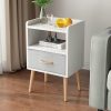 NightStand with Fabric Drawer, Bedside Table with Solid Wood Legs, Minimalist and Practical End Side Table with Open Storage Shelf for Bedroom, White.