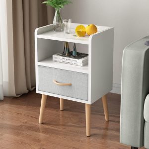 71hqDs3s3kL._AC_SL1200 NightStand with Fabric Drawer, Bedside Table with Solid Wood Legs, Minimalist and Practical End Side Table with Open Storage Shelf for Bedroom, White.