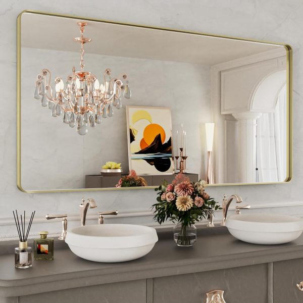 71i-T6bgnBL._AC_SL1500 22x30 Inch Bronze Bathroom Mirror for Vanity, Brushed Bronze Metal Frame Mirror for Wall, Rounded Rectangle Bronze Frame Mirror with Tempered Glass, Anti-Rust (Horizontal/Vertical)