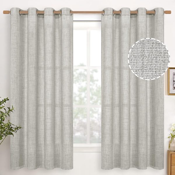Natural Linen Curtains 63 Inch Length 2 Panels Bronze Grommet Linen Textured Short Window Drapes Light Filtering for Living Room Bedroom, 52 X 63 Inch